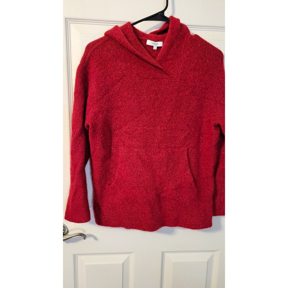 Vince Cherry Red Wool Alpaca Blend Fuzzy Hoodie Sweater XS Kangaroo Pocket